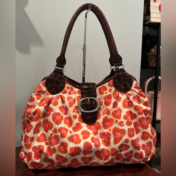 Brighton Elegant Orange and Brown Patterned Tote. Braided Leather handles. - Picture 1 of 11